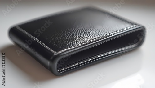 Classic black leather wallet with silver detailing on solid white surface