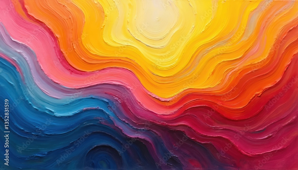 Fototapeta premium Abstract oil painting with vibrant colorful swirls. Brushstrokes of yellow, orange, red, pink, blue blend creating dynamic texture. Hand-made artwork on canvas. Modern art design for creative