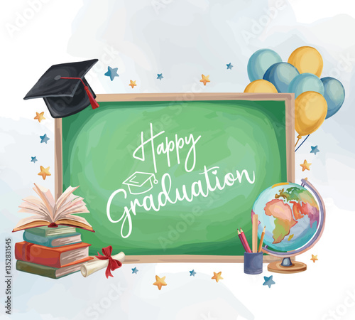 Happy Graduation greeting card with educational elements writing desk stack of books academic hat