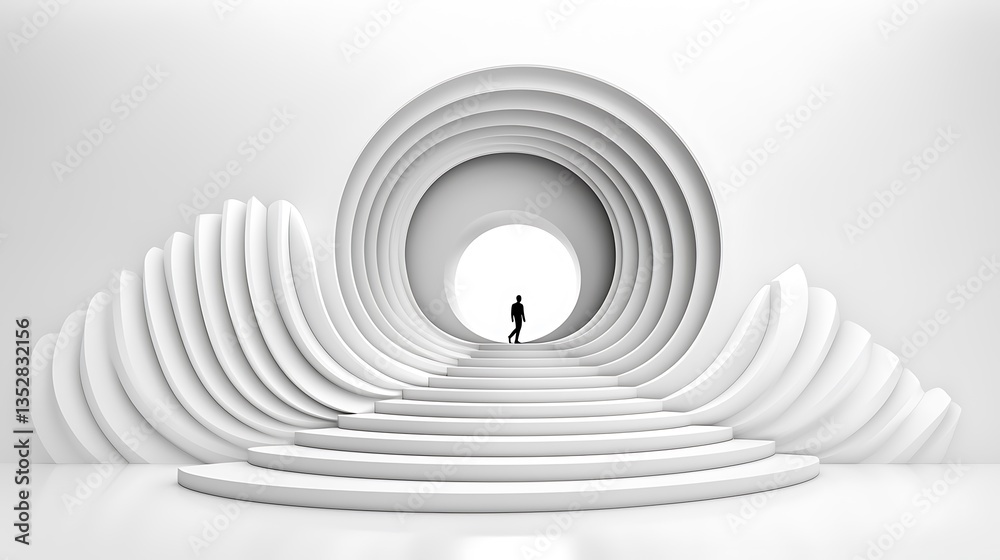 Fototapeta premium Abstract Architectural Rendering of a Swirling White Tunnel with Stairs