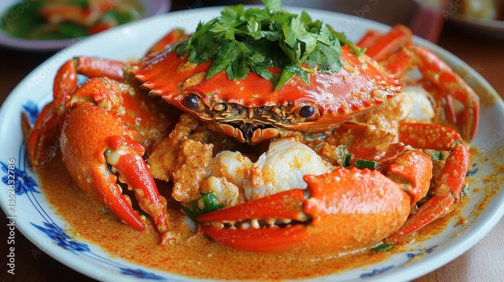 A beautifully plated Thai stir-fried crab with curry powder Poo Pad Pong Karee. A beautifully plated Thai stir-fried crab with curry powder Poo Pad Pong Karee.