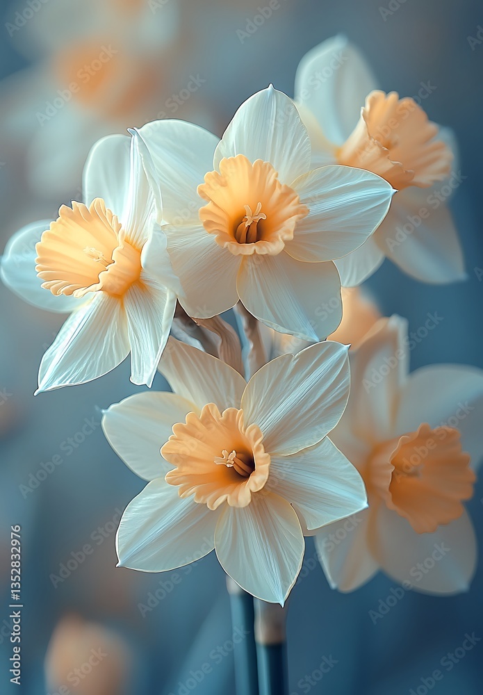 Fototapeta premium Soft White Daffodils with Orange Centers Set Against a Blurred Blue Background 