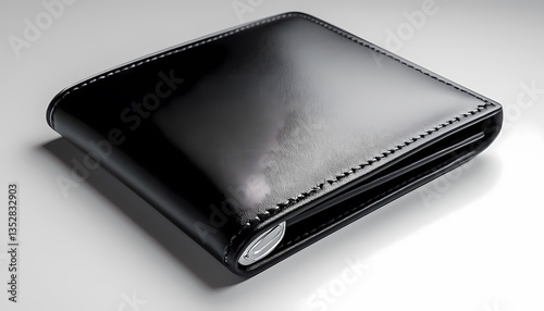 Classic black leather wallet with silver detailing on solid white surface