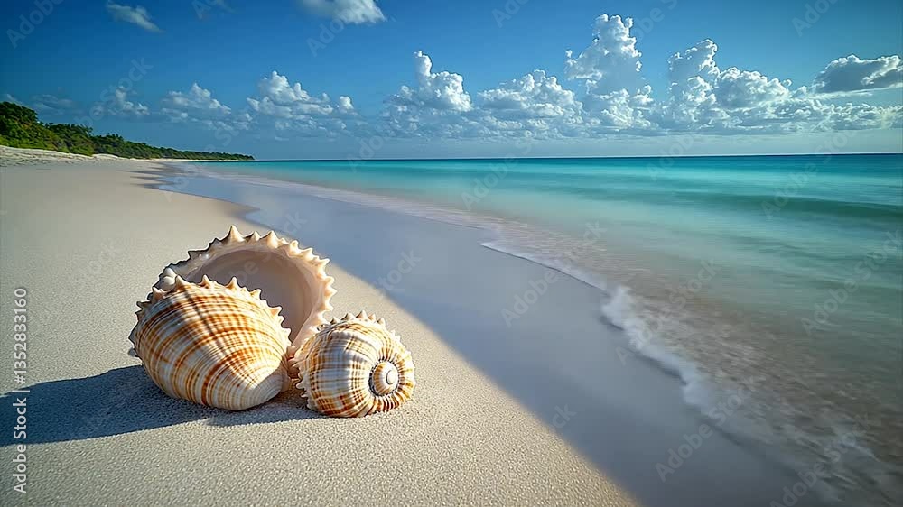 Beautiful beach scene with seashells on the shore under a blue sky