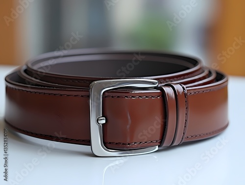 Classic brown leather belt with silver buckle shot in high definition on white surface