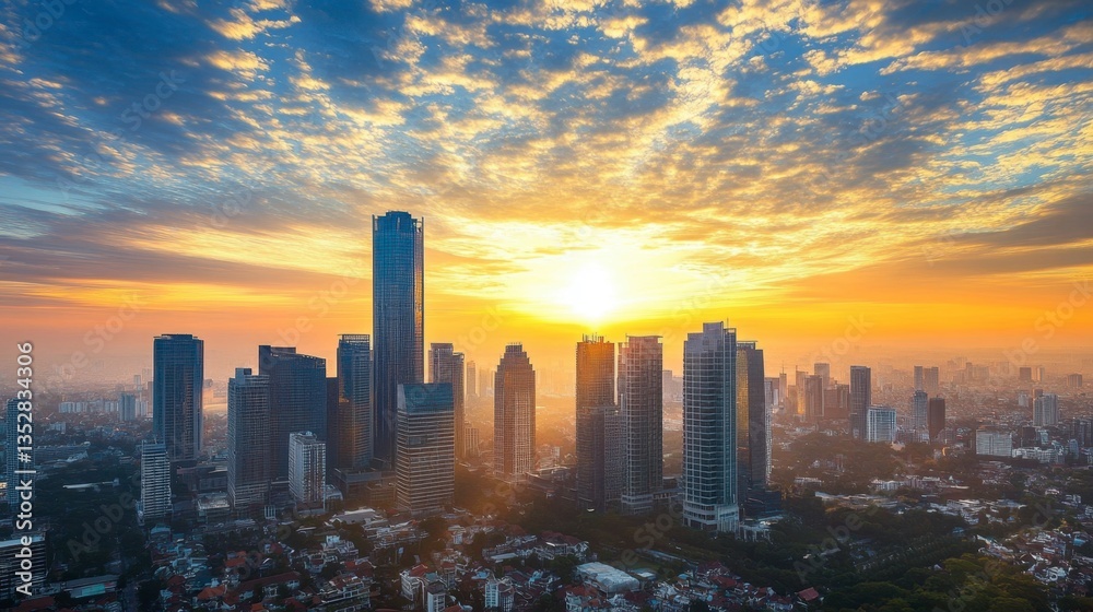 Obraz premium A breathtaking cityscape featuring modern office buildings at sunrise.