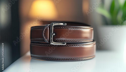 Classic leather belt in brown with fine stitching placed on white surface