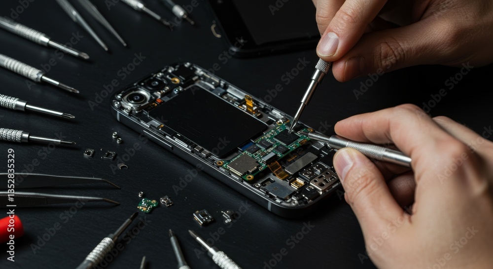 Smartphone Repair Process: Precision and Detail - Precise micro-screwdriver repair, intricate internal components, technological precision, meticulous process, expert craftsmanship Smartphone Repair Process: Precision and Detail - Precise micro-screwdriver repair, intricate internal components, technological precision, meticulous process, expert craftsmanship