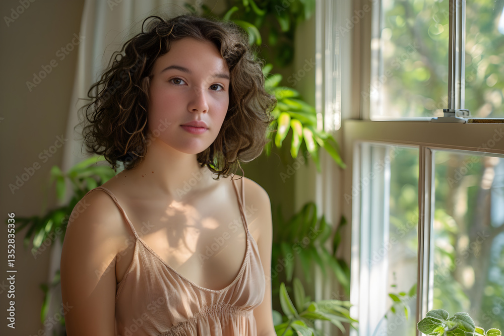 Serene Portrait of Woman by Sunlit Window in Minimalist Room with Lush Greenery in Background Serene Portrait of Woman by Sunlit Window in Minimalist Room with Lush Greenery in Background