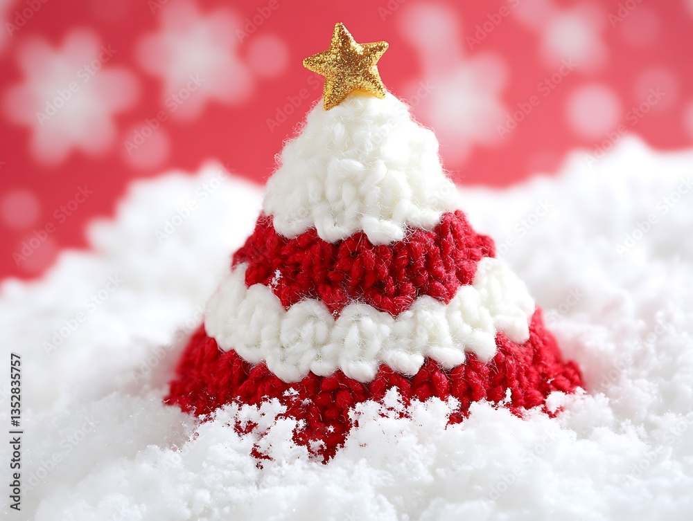 A small crocheted christmas tree covered in white snow A small crocheted christmas tree covered in white snow