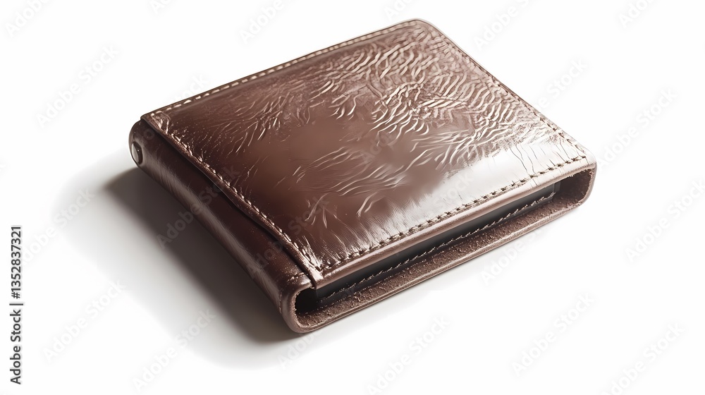 Sleek leather wallet with embossed design on solid white background captured in HD clarity