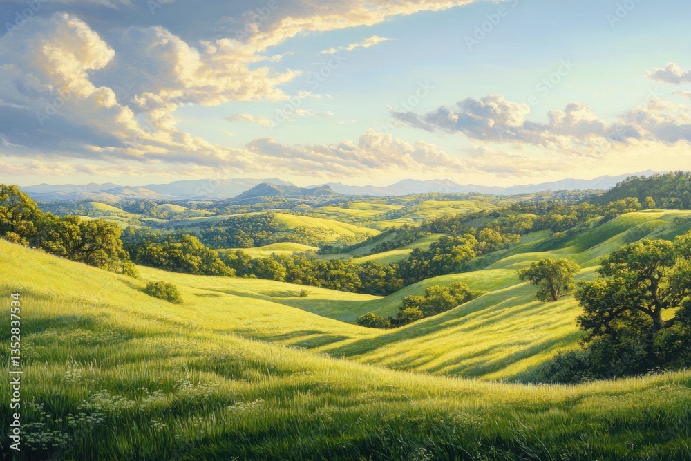 Naklejka premium A high-resolution photo of rolling green hills under dramatic skies in a serene pastoral landscape setting