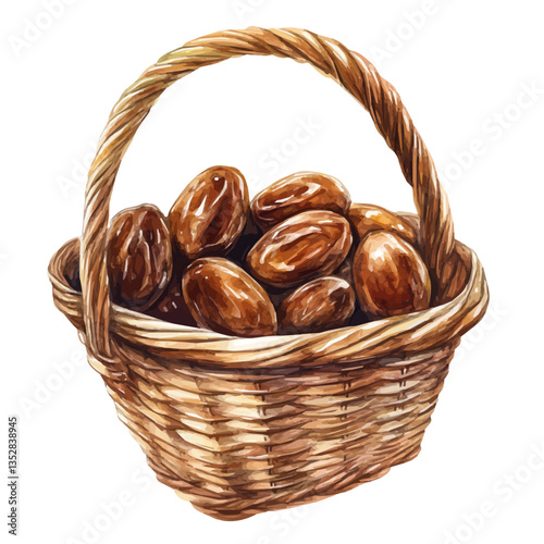 Date Basket, watercolor illustration, isolated on a white background.