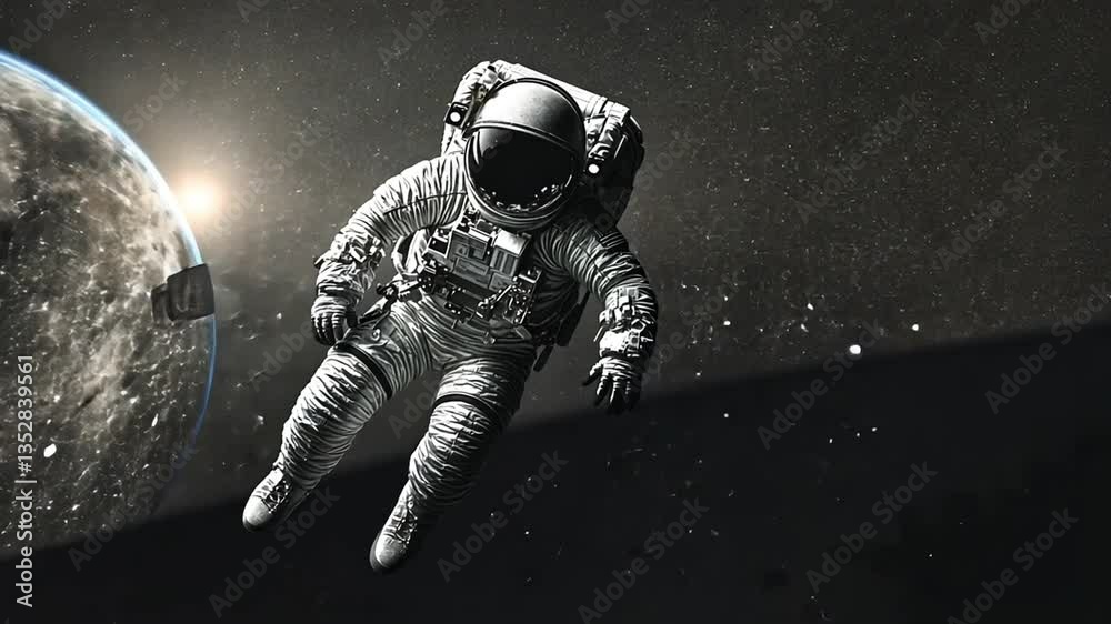 Astronaut floating in the vastness of space, with a distant planet and stars in the background Astronaut floating in the vastness of space, with a distant planet and stars in the background