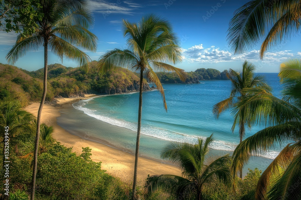 Obraz premium A breathtaking tropical paradise with golden sunlight and swaying palm trees on a pristine sandy beach