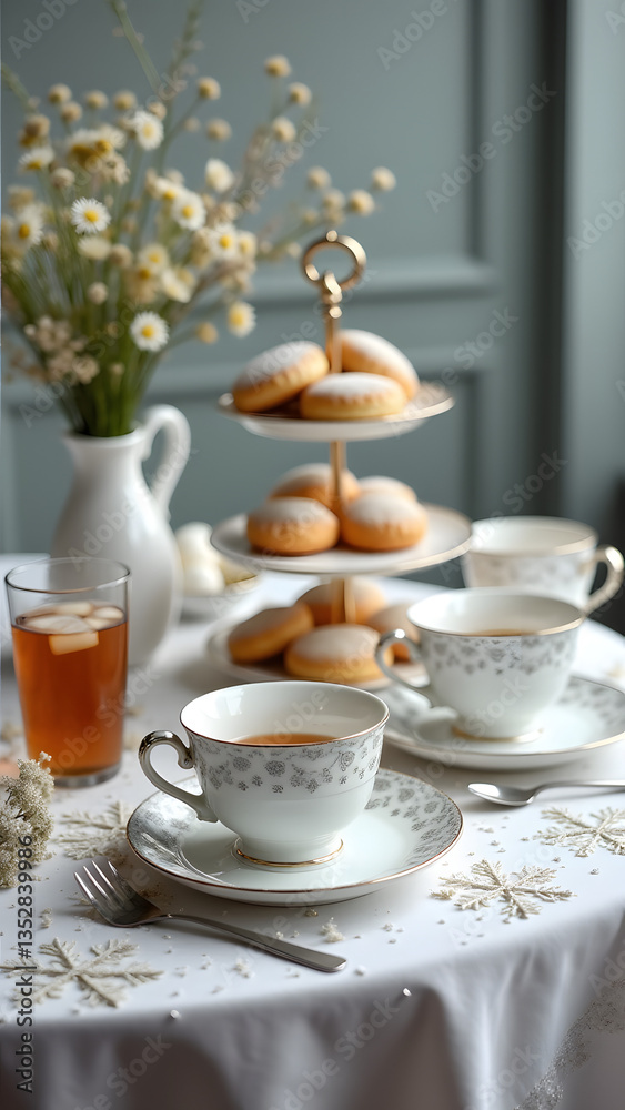 Tea table with porcelain teacups and pastries, set in a cozy winter scene with cool tones. Tea table with porcelain teacups and pastries, set in a cozy winter scene with cool tones.