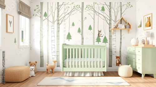 A cozy forest-themed nursery with a pastel green crib, tree decals, and woodland animal decor, 3D rendering, Gentle and playful photo