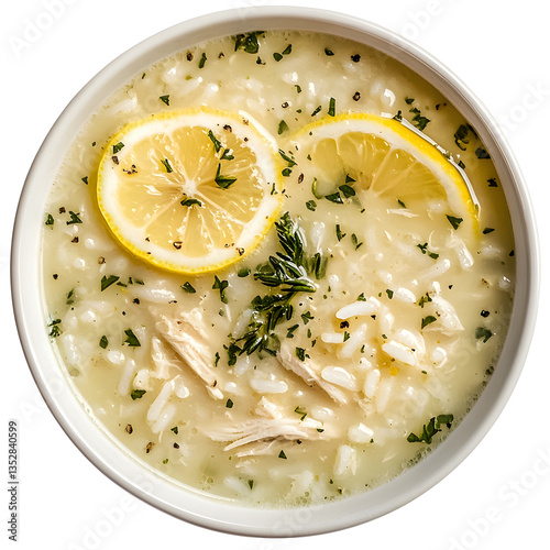 Bowl of chicken and wild rice soup with Fresh Herbs and Lemon Slices (Greek Cuisine)