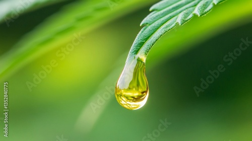 A close-up of a golden drop of cannabis oil slowly dripping from the tip of a green cannabis leaf with a soft blurred background in rich green tones with copy space