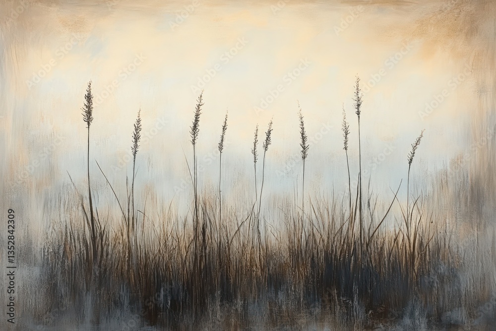 An abstract misty field with tall grass silhouettes and a sepia-toned sky in a moody, dream-like composition An abstract misty field with tall grass silhouettes and a sepia-toned sky in a moody, dream-like composition