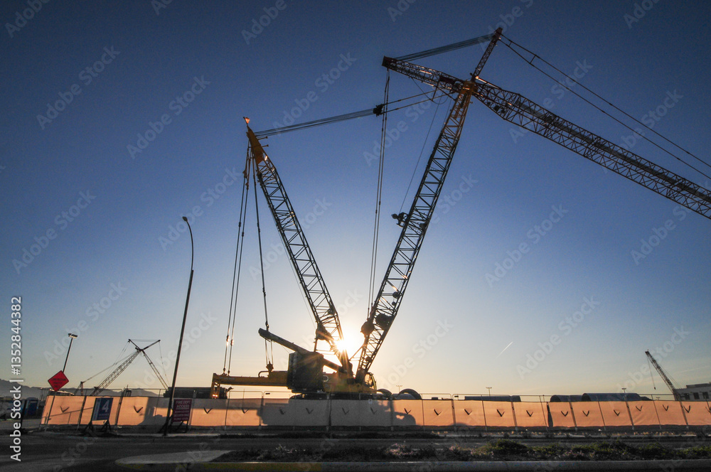Fototapeta premium Large crawler cranes with extended lattice booms operate at a commercial construction site at sunrise, silhouetted against the sky with safety fencing and signage in the foreground