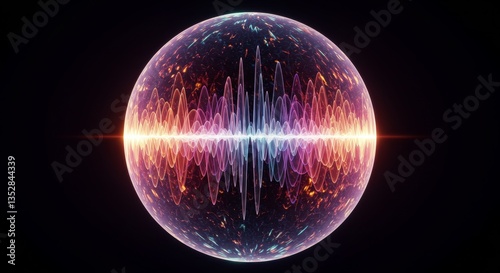 Vibrant Sphere Sound Wave Visualization - Energy, frequency, vibration, resonance, cosmos. A sphere pulsates with vibrant sound waves, symbolizing universal energy and cosmic harmony