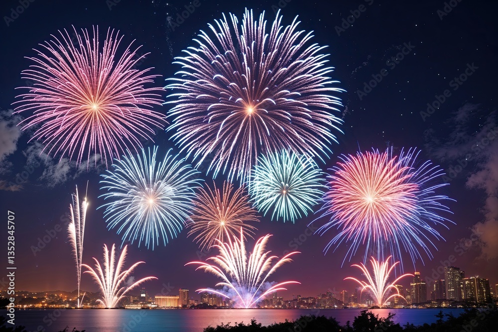 Vibrant Fireworks Display Illuminating the Night Sky Celebrating Colorful Explosions and Energetic Atmosphere Vibrant Fireworks Display Illuminating the Night Sky Celebrating Colorful Explosions and Energetic Atmosphere