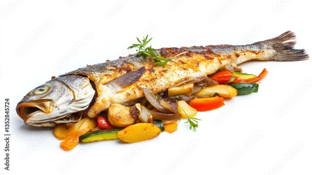 Grilled Sea Bass with Roasted Vegetables on a White Background