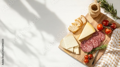 A beautifully styled picnic grazing board featuring a wooden cutting board with cheese meat tomatoes and a variety of delicious snacks and fruits