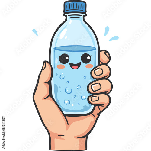Cute smiling water bottle held in hand in kawaii style
