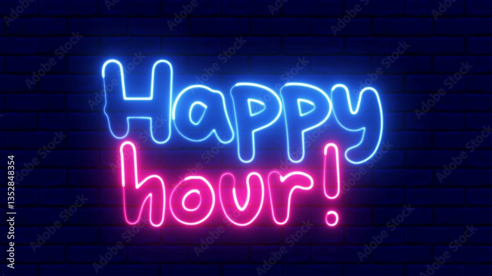 Happy Hour neon sign. Happy Hour text font with light. Luminous and shimmering haze inside the letters of the text Happy Hour. Happy Hour neon sign. Happy Hour text font with light. Luminous and shimmering haze inside the letters of the text Happy Hour.