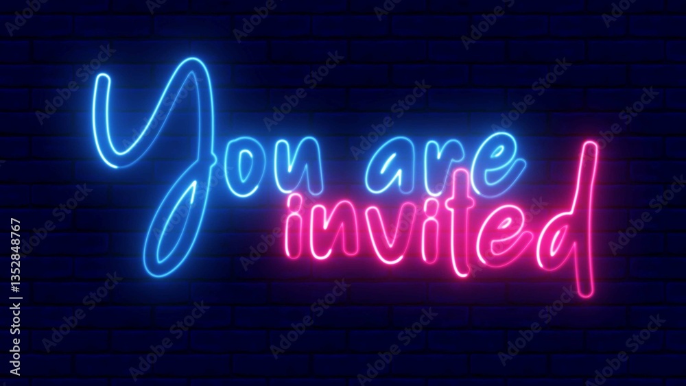 Obraz premium You are invited neon sign. You are invited text font with neon light. Luminous and shimmering haze inside the letters of the text You are invited. 
