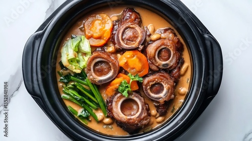 Top down view of Filipino kare kare oxtail stew peanut sauce garnished with sauted vegetables served in a black ceramic bowl photo