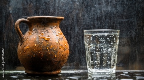 Rustic clay pitcher and water glass on a wet surface