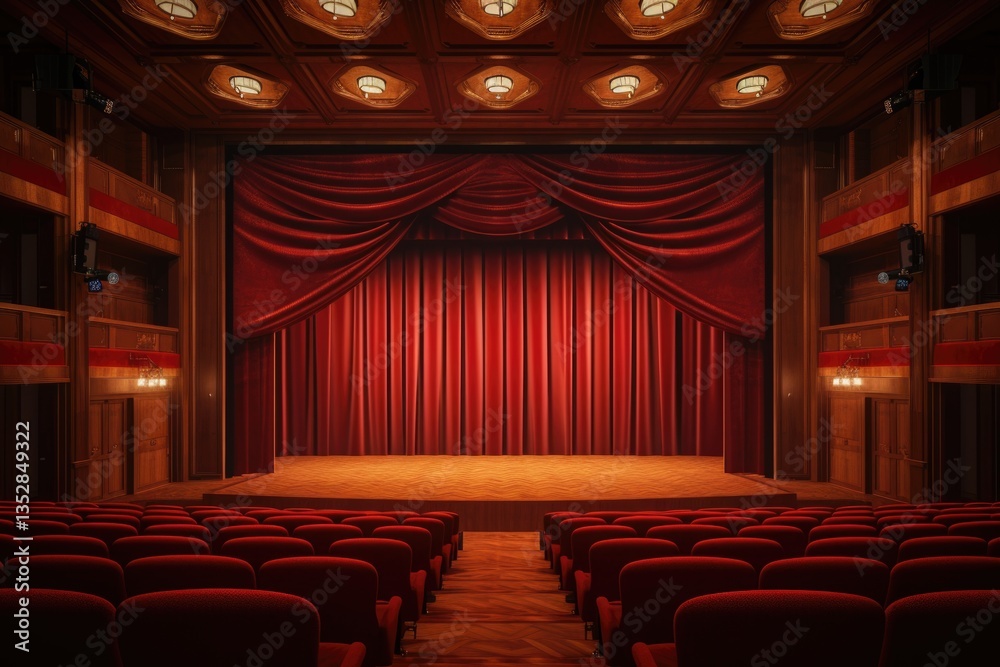 Empty theater with red velvet curtains and wooden architecture, awaiting a performance.
