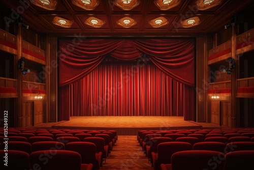 Obraz na płótnie Empty theater with red velvet curtains and wooden architecture, awaiting a performance. w salonie