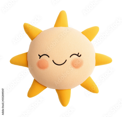 a cute soft stuffed toy plushie sun shining with a smile, isolated against a transparent background