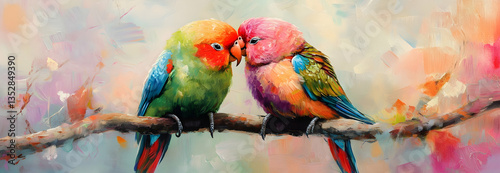 Two colorful lovebirds kiss affectionately on a branch, showcasing their vibrant feathers and sweet bond. A soft background enhances their charming interaction