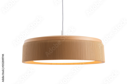 Modern drum shaped wooden pendant light with white electric cord, isolated against a transparent background