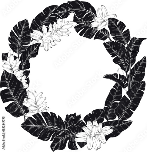 silhouette circular wreath made of Tropical vector banana palm leaves and flowers, Exotic background