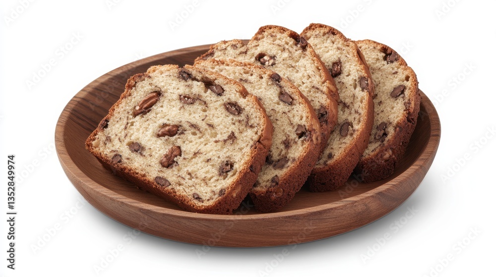 A sliced banana bread with visible walnuts, served on a wooden plate. A sliced banana bread with visible walnuts, served on a wooden plate.