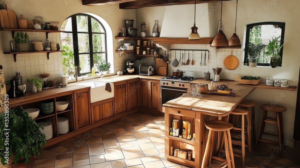 Fototapeta premium A small yet stylish French kitchen with modern amenities, wooden accents, and a cozy breakfast bar.