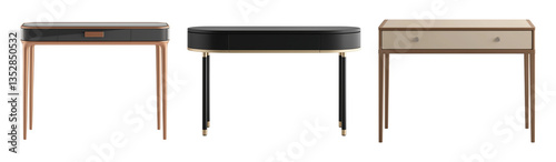 Set of modern minimalist console tables front view, isolated against a transparent background