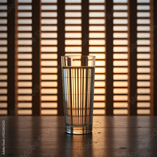 In front of a scene of mellow light and wooden slats, a glass of water stands tall