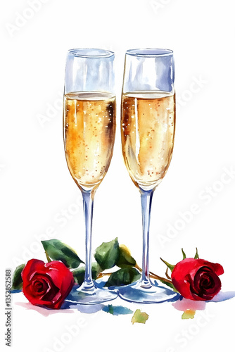Two glasses of champagne and red roses on the table in watercolor. Illustration for greeting cards, congratulations, weddings, memorable dates. Illustration on a white background