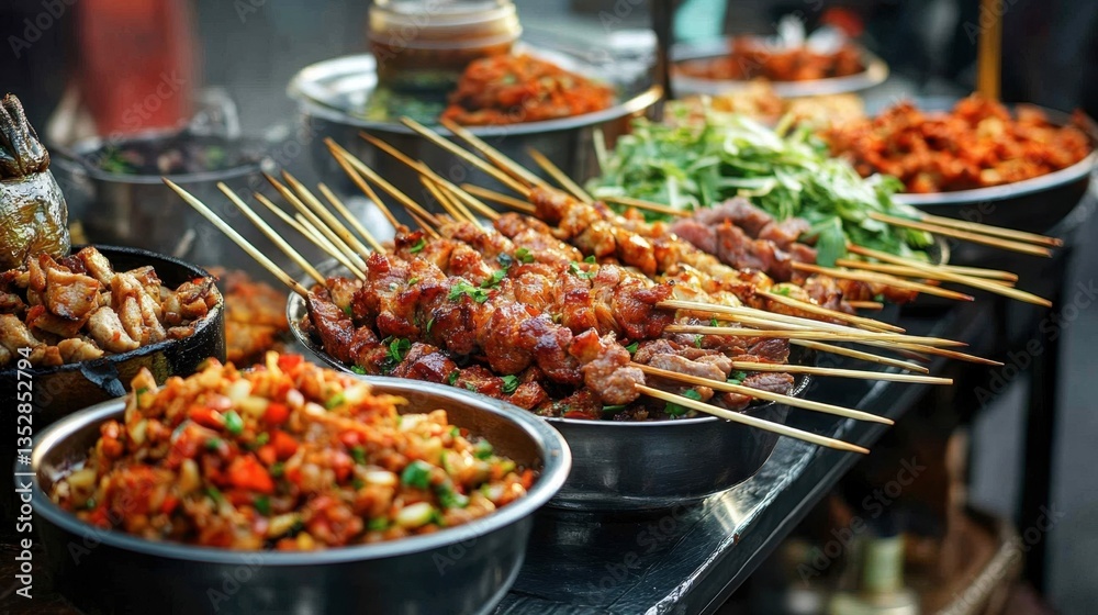 Obraz premium A table set with an array of Thai street food, including skewers, grilled meats, and spicy salads.