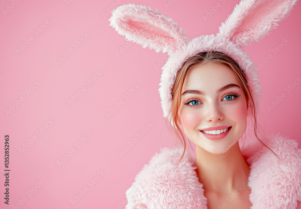 Girl in carnival costume for Easter holiday, with rabbit ears isolated on simple pink background.