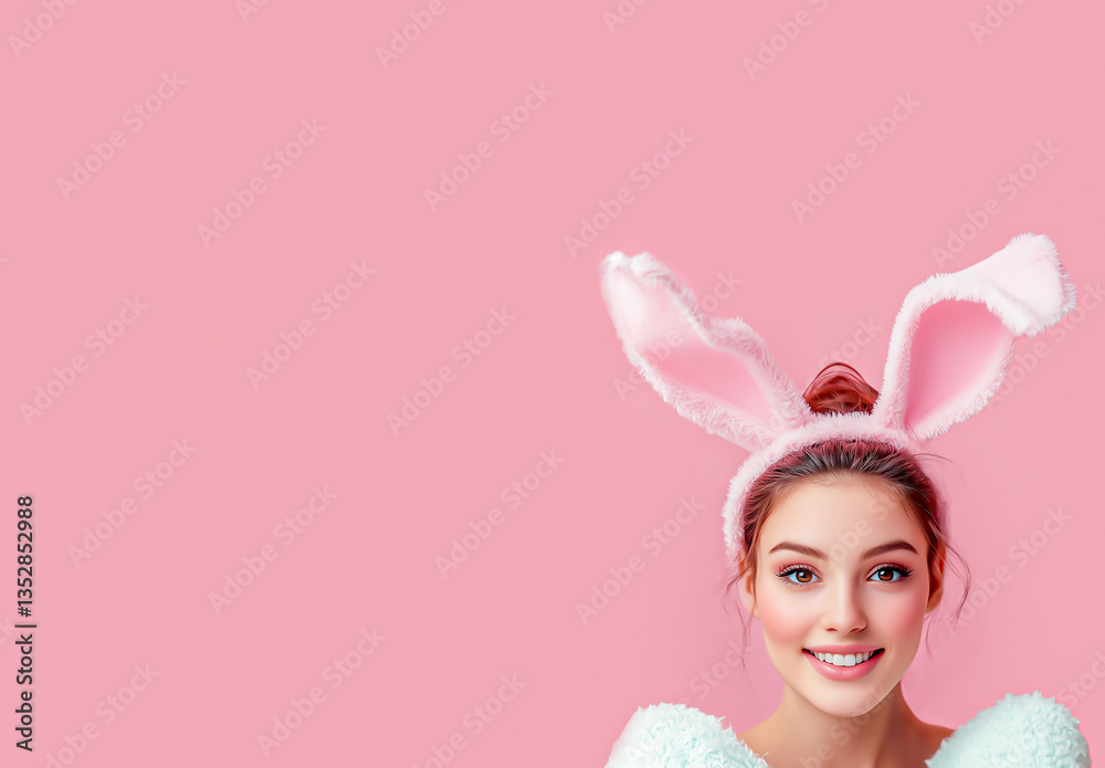 Girl in carnival costume for Easter holiday, with rabbit ears isolated on simple pink background.