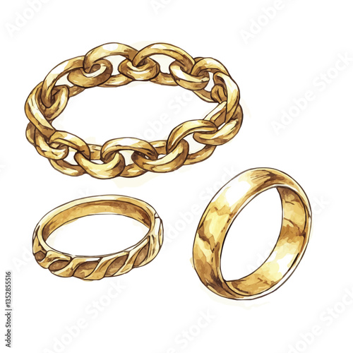 A watercolor vector painting of an elegant classic gold bracelet and ring set, isolated on a white background. Elegant classic gold bracelet and ring set vector.

