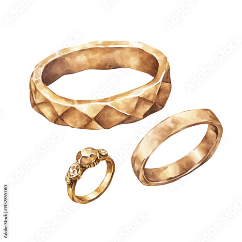 A watercolor vector painting of an elegant classic gold bracelet and ring set, isolated on a white background. Elegant classic gold bracelet and ring set vector.

